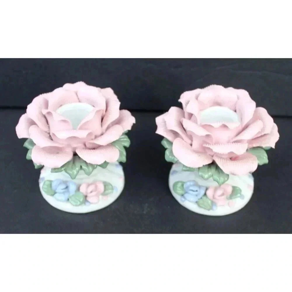 2 Vintage PINK & BLUE Porcelain Flower Victorian Candlestick Holder Decor